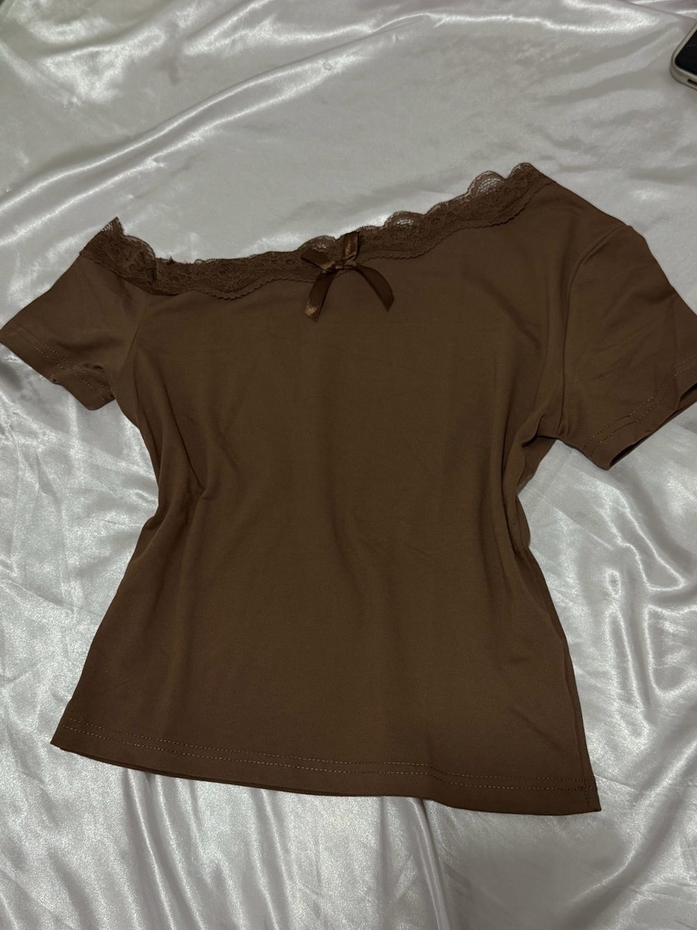 Lace-Trim Off-Shoulder Crop Top in Brown